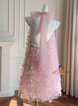 Pink Tulle 3D Flower Halter Short Prom Dress