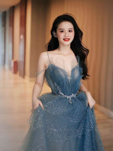 Blue Tulle Tiers Beading Prom Dress