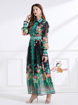 Bow Short Lapel Long Sleeve Printed Dress