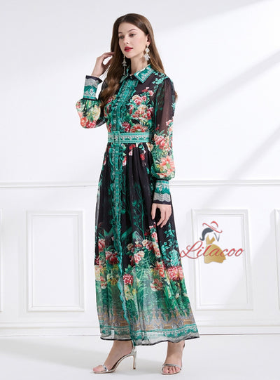 Bow Short Lapel Long Sleeve Printed Dress