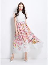 Retro Lace Stitching Printed Chiffon Dress