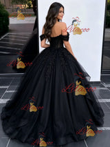 Black Tulle Off the Shoulder Appliques Quinceanera Dress