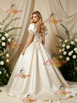 Ivory Satin Puff Sleeve Beading Wedding Dress