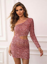 One Shoulder Long Sleeve Sequins Short Party Dress