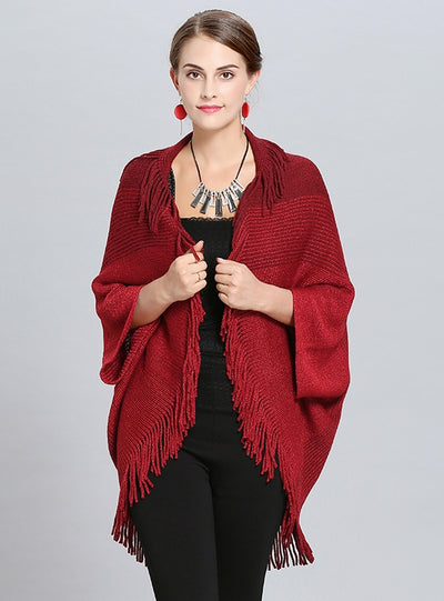 Loose Striped Fringed Cardigan Shawl Cloak