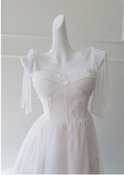 White Gauze Sling Bow Dress