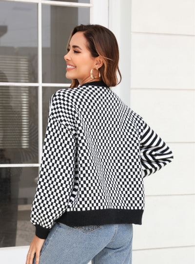 Plaid Stitching Striped Sweater Coat