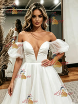 White Tulle Off the Shoulder Puff Sleeve Wedding Dress