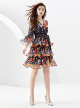Printed Ruffled Short Flared Sleeve Dress