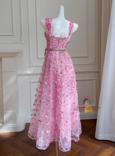 Pink Flower Sling Slim Dress