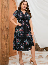 Shirt Collar Print Short Sleeve Slit Dress