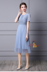 Blue Lace Short Sleeve Mother Of The Bride Dress