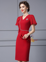V-neck Short Sleeve Beads Mother Of the Brides Dress