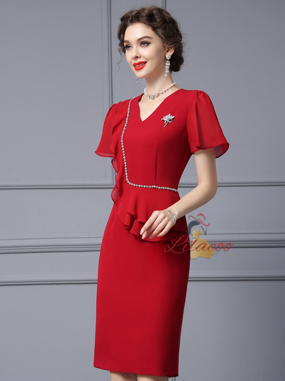 V-neck Short Sleeve Beads Mother Of the Brides Dress