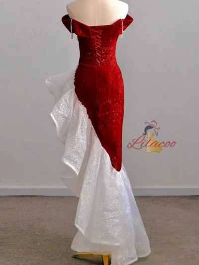 Burgundy Sequins Mermaid Pearls Prom Dress