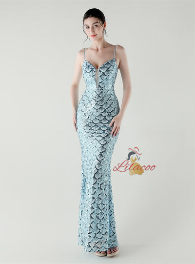 Spaghetti Straps Mermaid Sequins Prom Dress