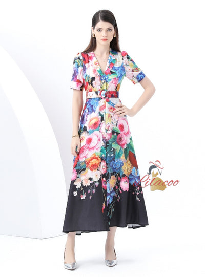 Retro Breasted Slim Printed Dress