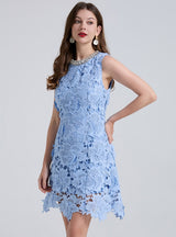 Retro Blue Diamond Three-dimensional Lace Dress