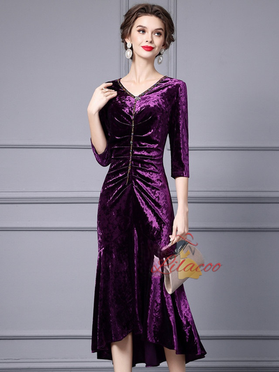 Purple Velvet Beading Mother Of The Bride Dress