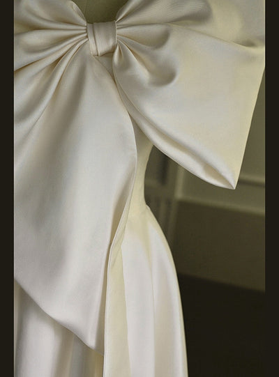Ivory Satin One Shoulder Bow Wedding Dress