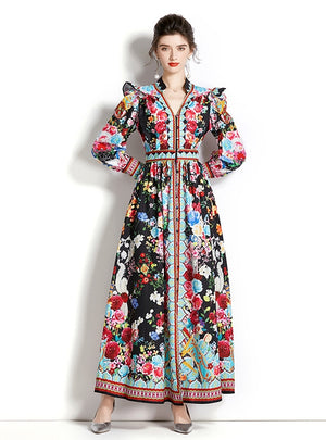 Long-sleeved Lantern Sleeve Printing Dress