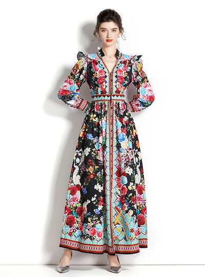 Long-sleeved Lantern Sleeve Printing Dress