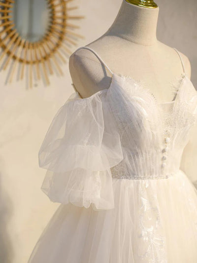 White Tulle Puff Sleeve Straps Homecoming Dress