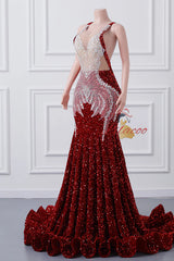 Burgundy Mermaid Sequins Prom Dress