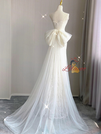 Ivory Mermaid Lace Tulle Bow Wedding Dress