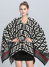 Letter Jacquard Tassel Knitted Shawl Cloak