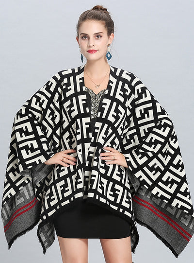 Letter Jacquard Tassel Knitted Shawl Cloak