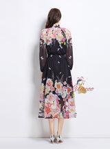 Long-sleeved Printed Chiffon Top Skirt Suit