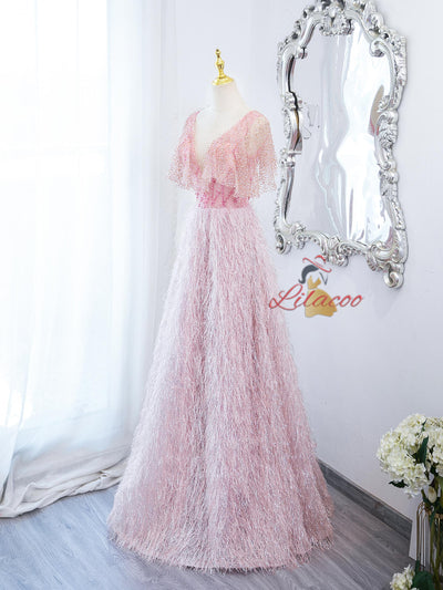 Pink Tassel Sequins Beading Prom Dress