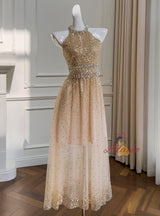 Champagne Sequins Halter Crystal Prom Dress