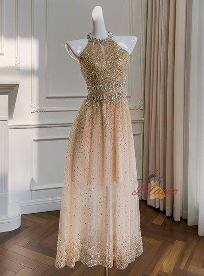 Champagne Sequins Halter Crystal Prom Dress