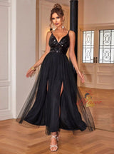 Black Tulle Sequins Straps Party Dress