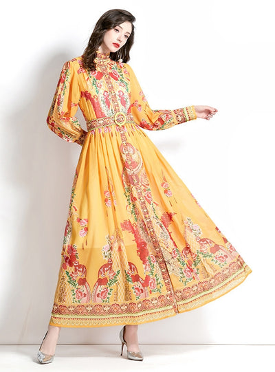 Palace Lantern Sleeve Long Printed Dress