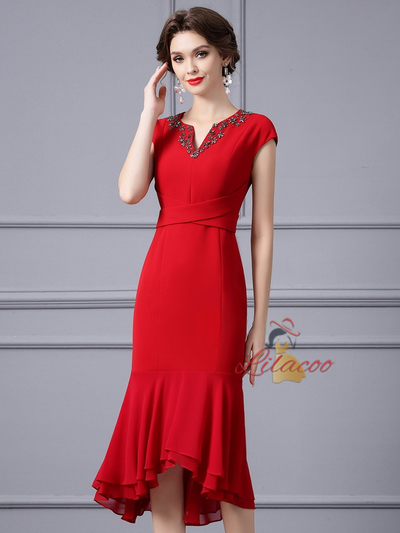 Red Cap Sleeve Beading Mother Of The Bride Dress