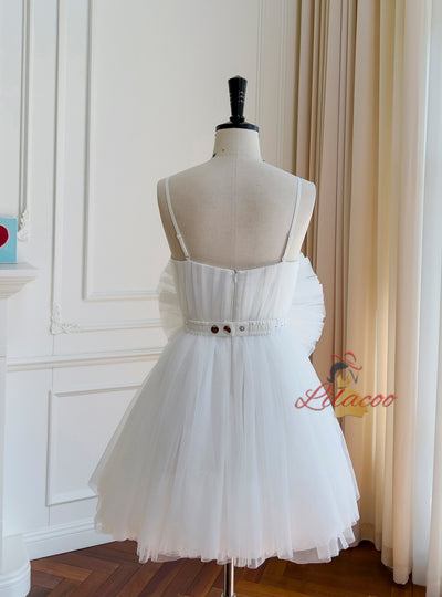 White Tulle Spaghetti Straps Pleats Prom Dress