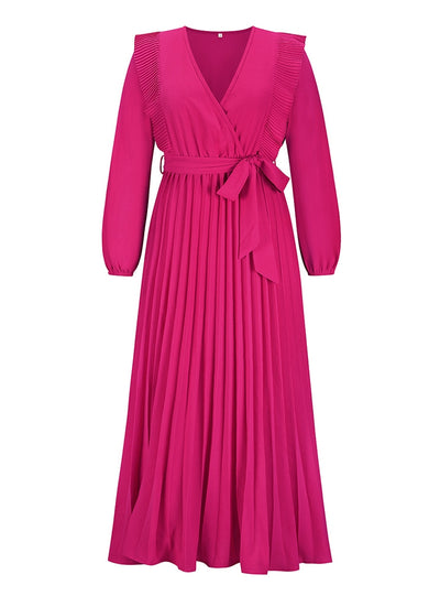 V-neck Pleated Long Sleeve Dress