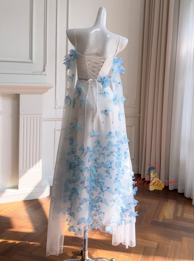 White Tulle Straps Butterfly Prom Dress