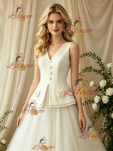 Ivory V-neck Button Flower Wedding Dress