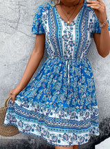 V-neck Ethnic Floral Dress