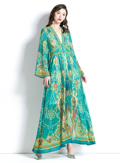 Long-sleeved V-neck Flared Sleeve Printed Dress