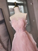 Pink Tulle See Through Neck Short Prom Dress