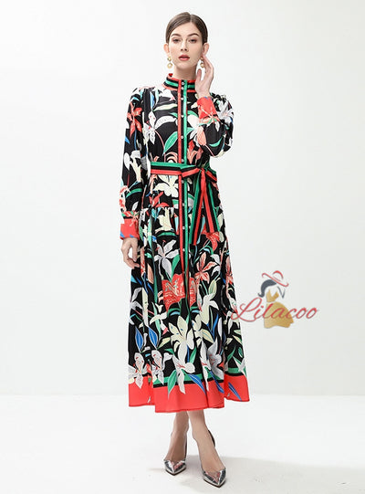 Retro Printed Breasted Long Sleeve Dress