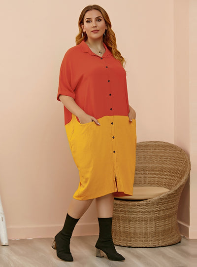 Lapel Pocket Contrast Shirt Dress