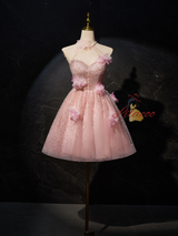 Pink Sequins Beading Halter Flower Homecoming Dress