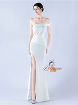 One Shoulder Pleats Split Prom Dress