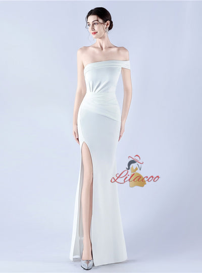 One Shoulder Pleats Split Prom Dress